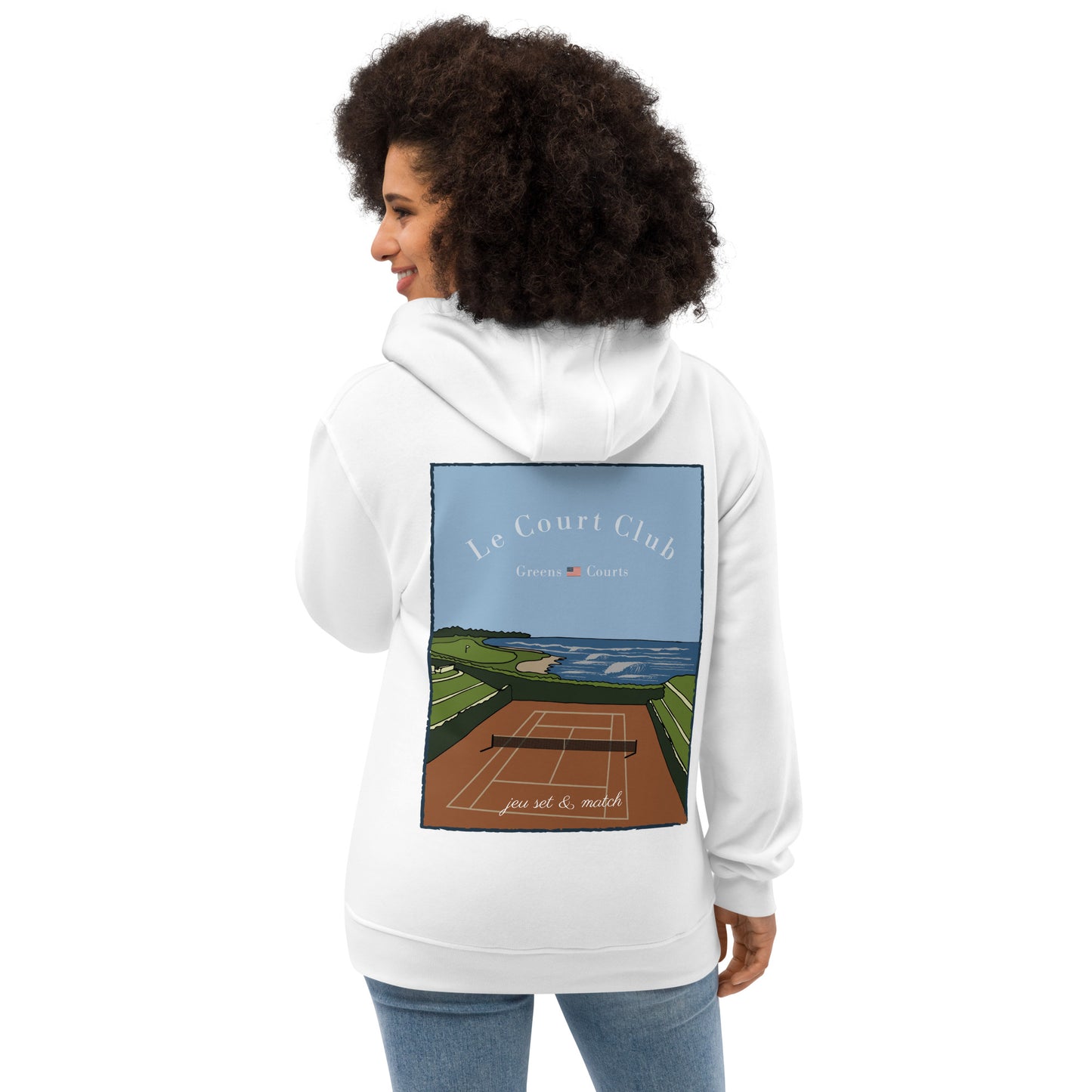 female wearing white organic hoodie