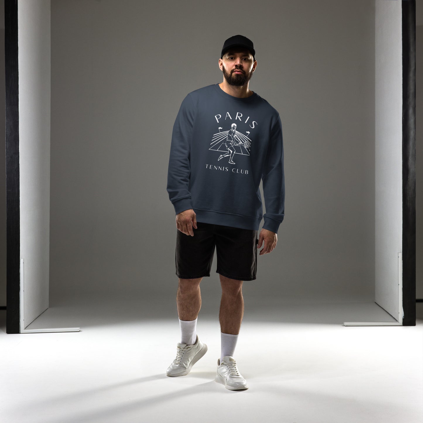 man wearing organic navy sweater