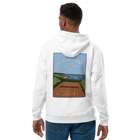 model wearing white organic hoodie