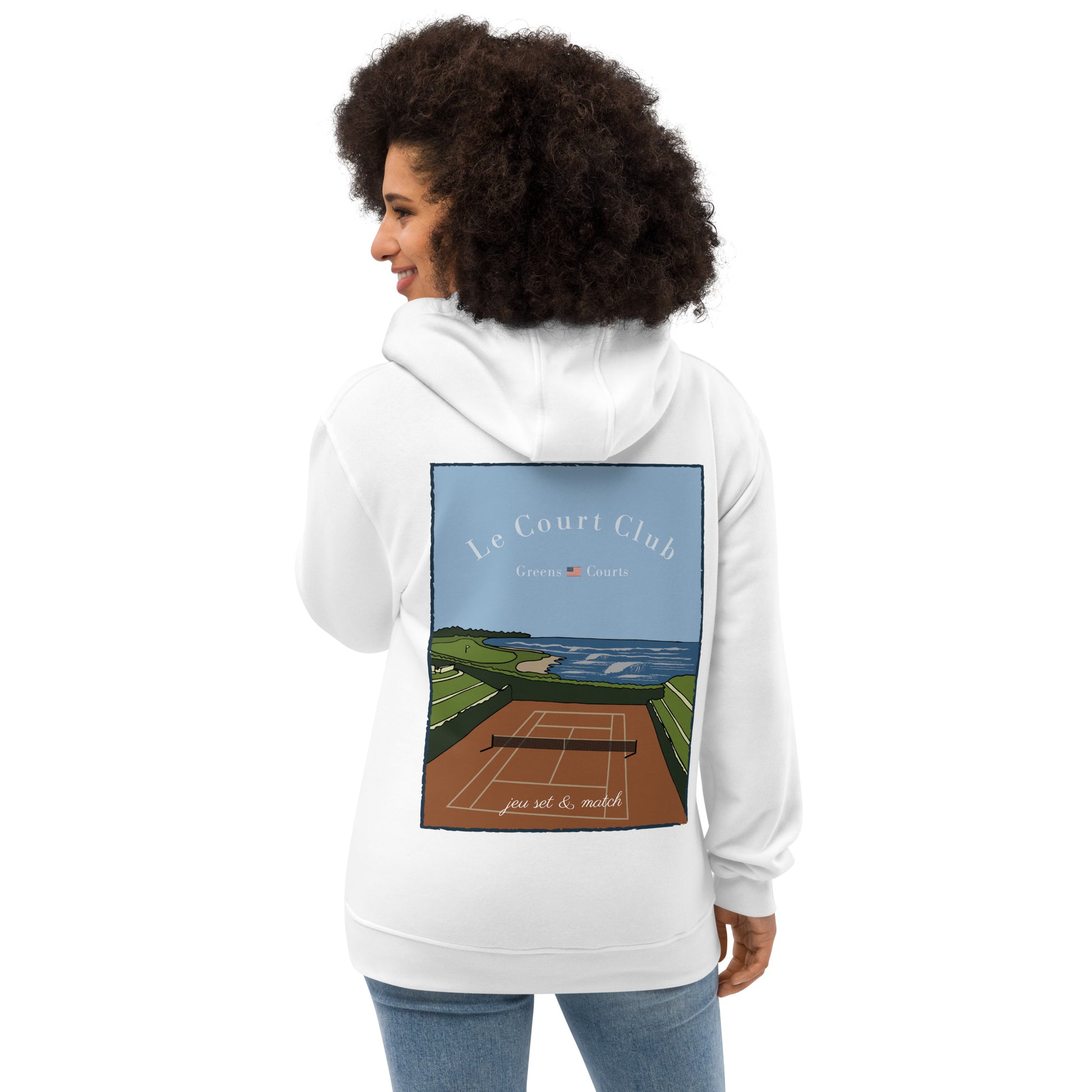 female wearing white organic hoodie