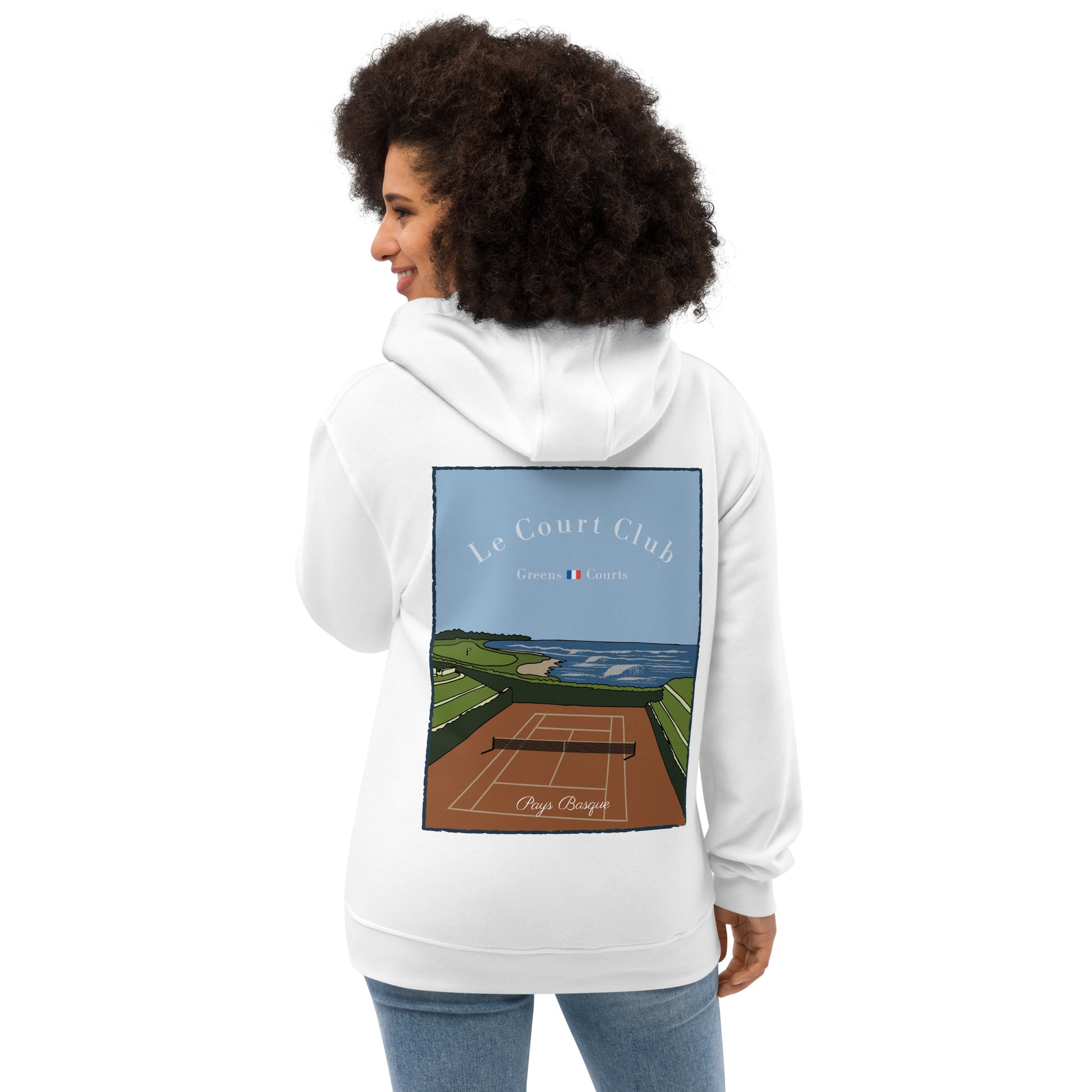 female model wearing organic white hoodie