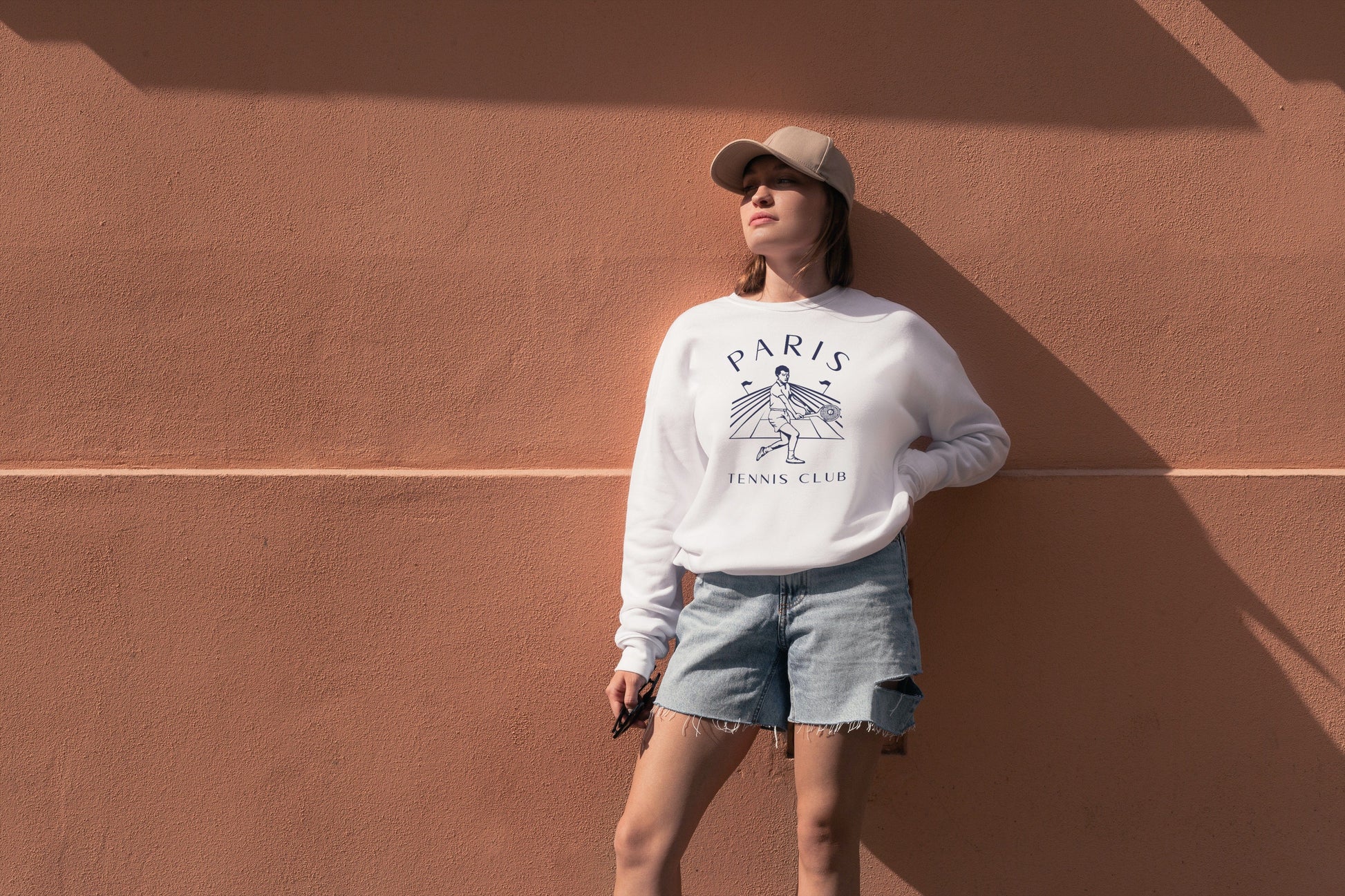 paris tee + white shorts + ball cap